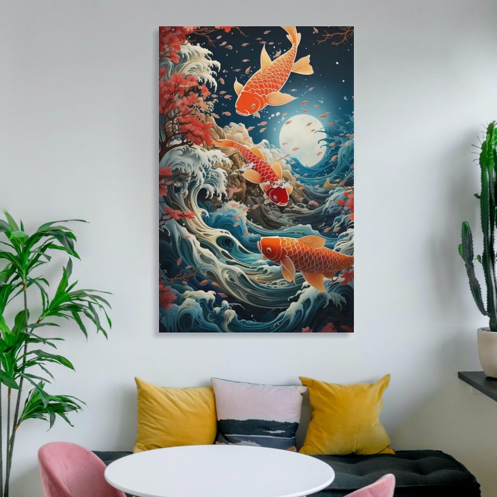 Amazon.co.jp: 絵画 波に跳ねる鯉インテリア 絵画 動物イラストアート